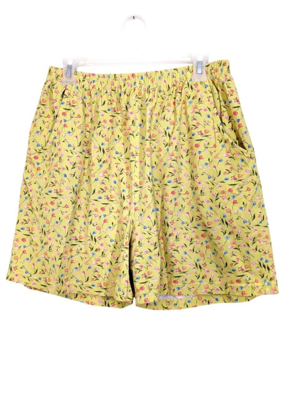 Vintage Womens XL Shorts Cottagecore Yellow Floral Cotton Y2K High Waist Pockets